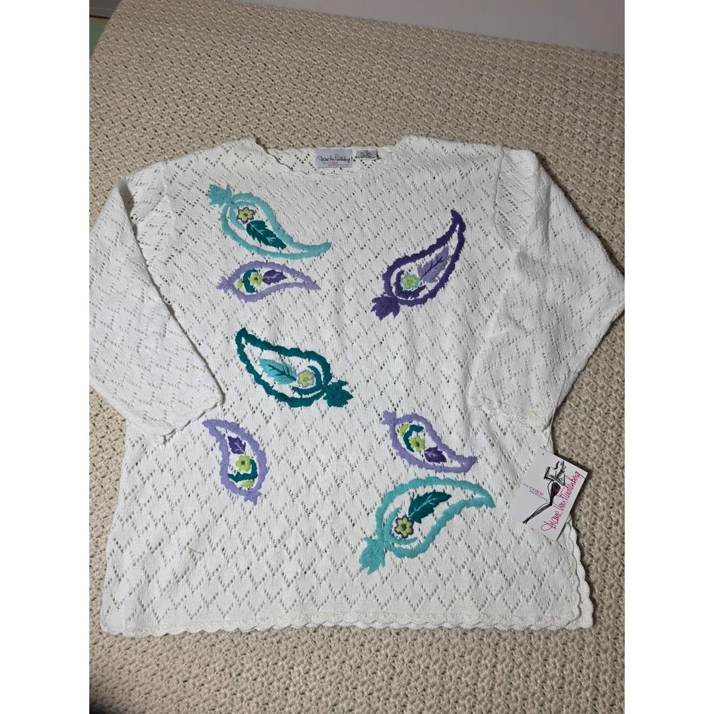 Diane Von Furstenberg Sweater Women 2X White NWT Vintage Paisley Pointelle 90s
